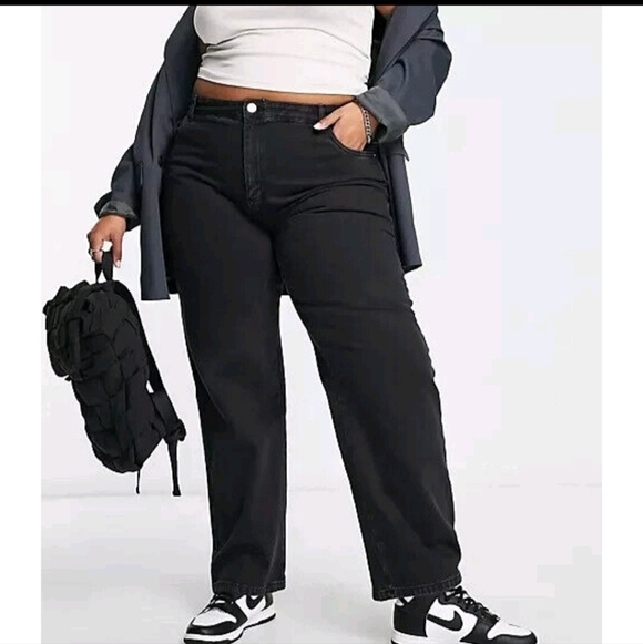 Cotton On Denim - Cotton On Women's Midnight Black Curve Baggy Straight Leg Jeans Sz 12 High Rise